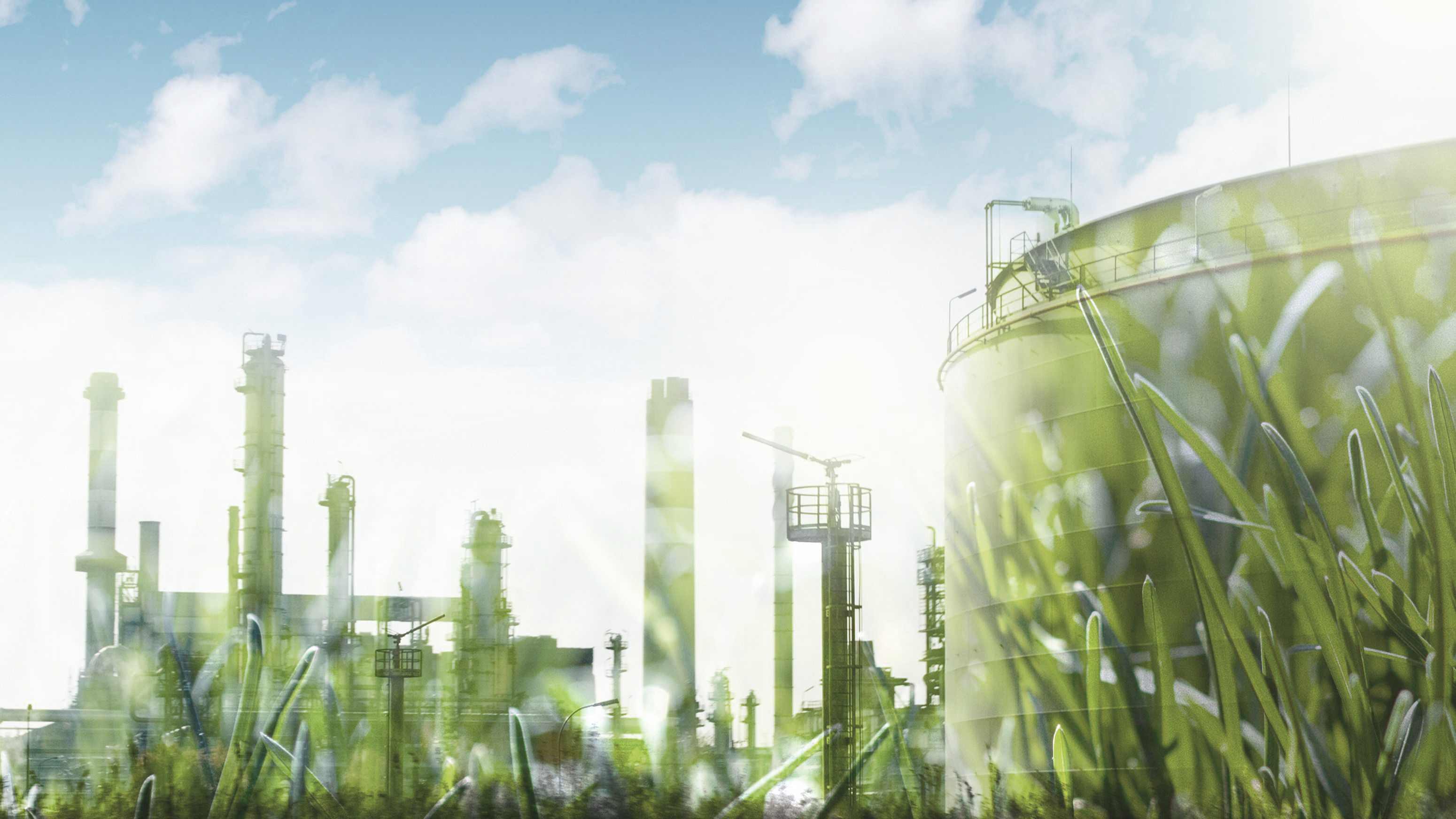 illustration med gräs och fabrik i bakgrunden mot blå himmel 